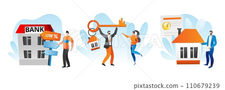 Mortgage concept vector illustration. Flat people man woman character get cash banking loan for buying house, financial agreement about money payment. Business deal in bank service. 110679239