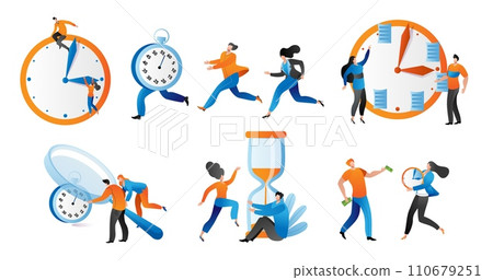 Men and women interacting with oversized clocks and hourglass, symbolizing time management and deadlines. Office workers racing against time, planning schedules vector illustration. 110679251