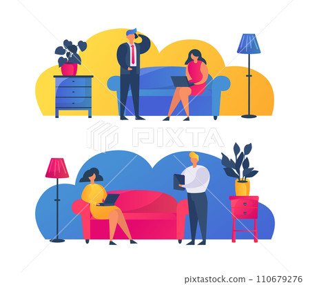 Businessman contemplating, female employee typing on laptop in office. Psychologist listening to patient in therapy session vector illustration. Professional consultation, mental health vector Businessman contemplating, female employee typing on laptop in office. Psychologist listening to patient in therapy session vector illustration. Professional consultation, mental health vector 110679276