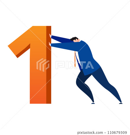 Businessman pushing large number one. Determined male in suit competes, success theme. Overcoming challenges, number one concept, winner vector illustration. Businessman pushing large number one. Determined male in suit competes, success theme. Overcoming challenges, number one concept, winner vector illustration. 110679309