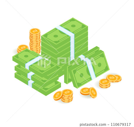 Stacks of money and coins in isometric view. Financial success and savings concept. Wealth accumulation vector illustration. Stacks of money and coins in isometric view. Financial success and savings concept. Wealth accumulation vector illustration. 110679317