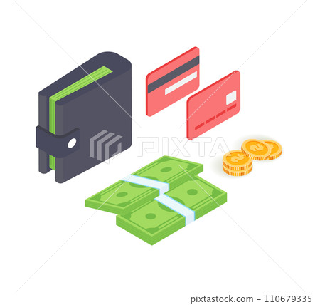 Isometric wallet with cash, coins, and credit cards. Personal finance management and savings concept. Financial responsibility vector illustration. 110679335