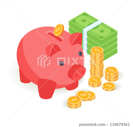 Pink piggy bank with coin, stacks of money, saving concept. Financial success and banking, savings account, investment vector illustration. 110679361