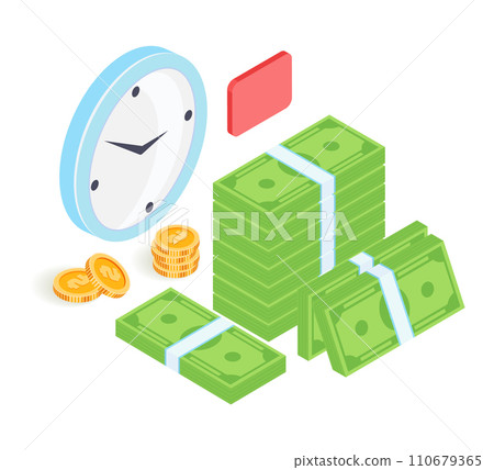 Stacks of money next to coins and a clock. Isometric dollar bills and gold coins with a time concept. Finance and investment deadline vector illustration. Stacks of money next to coins and a clock. Isometric dollar bills and gold coins with a time concept. Finance and investment deadline vector illustration. 110679365