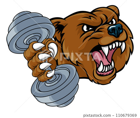 Bear Grizzly Weight Lifting Dumbbell Gym Mascot 110679369