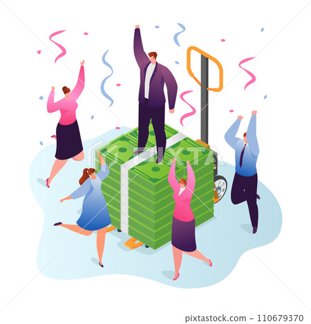 People celebrating around large stack of cash with businessman on top. Successful team enjoying financial achievement. Celebrating profit and teamwork success vector illustration. 110679370