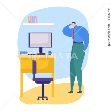 Businessman in blue shirt standing tired at office desk with computer. Stressful workday and professional exhaustion. Corporate environment vector illustration. Businessman in blue shirt standing tired at office desk with computer. Stressful workday and professional exhaustion. Corporate environment vector illustration. 110679398