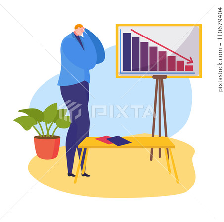 Businessman analyzing declining graph, worried about financial loss. Office setting with a plant and documents. Corporate challenges vector illustration. 110679404