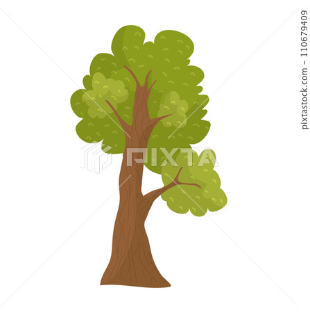 Cartoon style solitary oak tree with lush green foliage and detailed brown trunk isolated on white. Nature and environment theme, simple tree vector illustration. Cartoon style solitary oak tree with lush green foliage and detailed brown trunk isolated on white. Nature and environment theme, simple tree vector illustration. 110679409