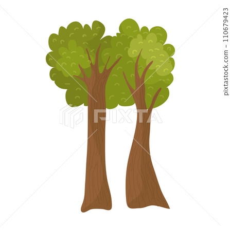 Two cartoon trees with lush green canopies and detailed brown trunks, isolated on white. Cartoon forest or park natural elements vector illustration. Two cartoon trees with lush green canopies and detailed brown trunks, isolated on white. Cartoon forest or park natural elements vector illustration. 110679423