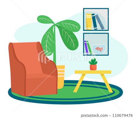 Cozy modern living room interior design with armchair, rug, and plant decorations. Home decor and peaceful lifestyle vector illustration. 110679476