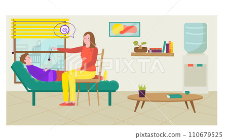 Female therapist with pendulum hypnotizing male patient. Hypnotherapy session in cozy room with plants. Psychology, mental health, and modern therapy vector illustration. Female therapist with pendulum hypnotizing male patient. Hypnotherapy session in cozy room with plants. Psychology, mental health, and modern therapy vector illustration. 110679525