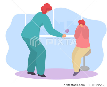 Caucasian woman getting an eye exam, optometrist testing patient s vision. Eye health and vision care checkup vector illustration. 110679542