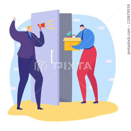 Boss firing employee, man with box of belongings, upset worker leaving office. Job termination and career crisis concept vector illustration. Boss firing employee, man with box of belongings, upset worker leaving office. Job termination and career crisis concept vector illustration. 110679559