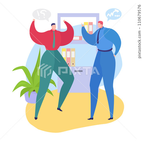 Two men in office, one flexing muscles with confused bubble, other pointing at chart. Colleagues misunderstanding, office disagreement concept vector illustration. 110679576