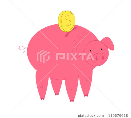 Cartoon pink piggy bank with a gold coin on its back. Cute pig money savings concept. Financial savings and investments vector illustration. Cartoon pink piggy bank with a gold coin on its back. Cute pig money savings concept. Financial savings and investments vector illustration. 110679618