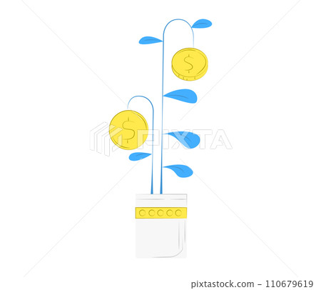 Golden coins growing on a blue-leafed plant in a pot, concept of investment growth. Financial success and savings concept, investment income vector illustration. Golden coins growing on a blue-leafed plant in a pot, concept of investment growth. Financial success and savings concept, investment income vector illustration. 110679619