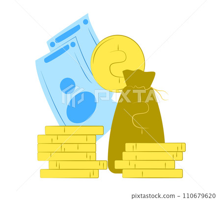 Stack of gold coins next to money bag and banknote. Wealth, savings, and finance concept. Investment and economy vector illustration. Stack of gold coins next to money bag and banknote. Wealth, savings, and finance concept. Investment and economy vector illustration. 110679620
