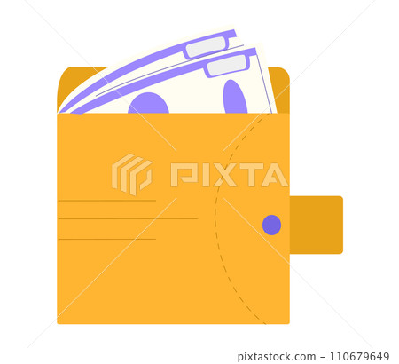 Wallet with money sticking out. Simple orange wallet with dollar bills. Finance concept and personal savings vector illustration. 110679649
