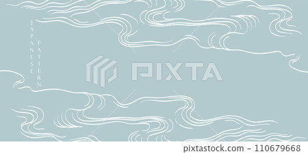Blue hand drawn wave with Japanese pattern vector. Abstract art background in vintage style. Chinese new year banner and card design. Contemporary shapes in vintage template design 110679668