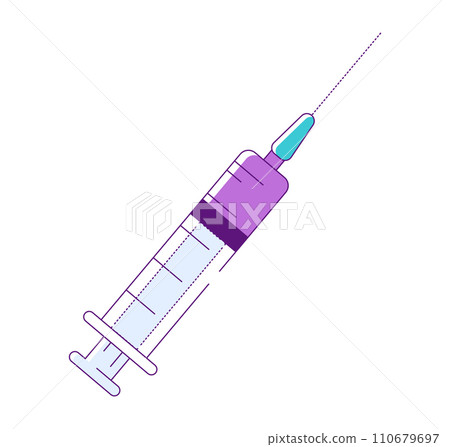 Stylized medical syringe illustration with needle and purple fluid. Healthcare, vaccination, and medical graphic design vector illustration. 110679697
