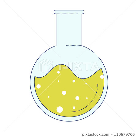 Flat design of chemistry flask with yellow liquid. Simple round bottom flask icon for science and education. Chemical laboratory equipment vector illustration. 110679706