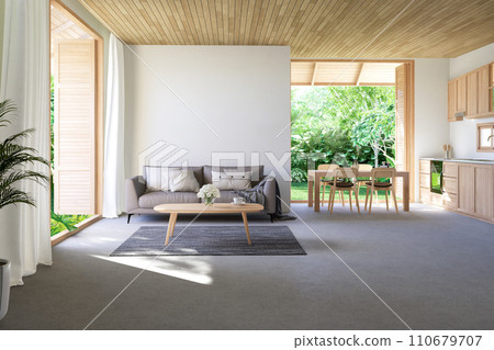 Modern contemporary loft style living and dining room with tropical garden view 3d render 110679707