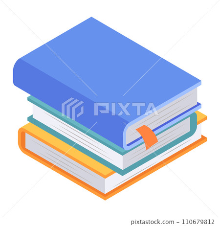 Stack of three books in isometric view, blue on top, white and orange below. Education and reading concept. Pile of hardcover books vector illustration. Stack of three books in isometric view, blue on top, white and orange below. Education and reading concept. Pile of hardcover books vector illustration. 110679812