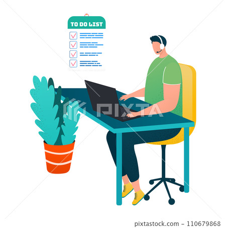 Man with headphones working on laptop at desk with plant, to-do list on clipboard. Productive work from home setup vector illustration. Man with headphones working on laptop at desk with plant, to-do list on clipboard. Productive work from home setup vector illustration. 110679868