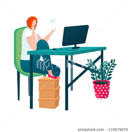 Caucasian redhead female works at home office. Woman in casual attire using computer. Comfortable and cozy freelance workspace vector illustration. 110679870
