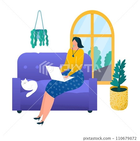 Woman sitting on purple sofa using laptop, cat sleeping beside her. Home office, freelancer working indoors with pet. Comfortable remote job vector illustration. Woman sitting on purple sofa using laptop, cat sleeping beside her. Home office, freelancer working indoors with pet. Comfortable remote job vector illustration. 110679872