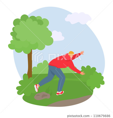 Young man in red jacket tripping over rock in park. Accident during walk, unexpected stumble, outdoor mishap vector illustration. Young man in red jacket tripping over rock in park. Accident during walk, unexpected stumble, outdoor mishap vector illustration. 110679886