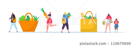Diverse people carrying grocery bags full of vegetables and fruits. Customers after shopping, promoting healthy eating and lifestyles vector illustration. 110679890