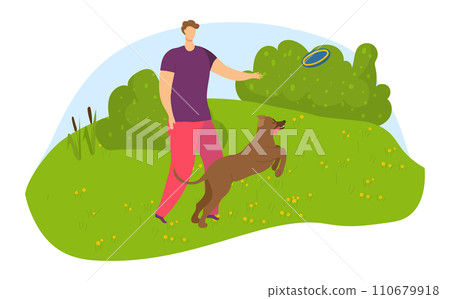 Man playing frisbee with dog in park, sunny day. Pet owner and happy dog enjoying game outdoor. Leisure time with pet, outdoor activity vector illustration. 110679918