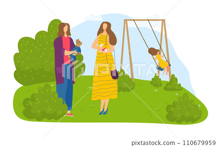 Two mothers watching children at the playground. Woman holds a toy, another child swings. Family, parenting, and outdoor activities vector illustration. Two mothers watching children at the playground. Woman holds a toy, another child swings. Family, parenting, and outdoor activities vector illustration. 110679959