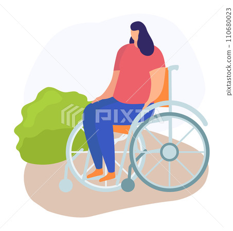 Woman in wheelchair outdoor scene enjoying nature. Female with disability living active lifestyle vector illustration. 110680023