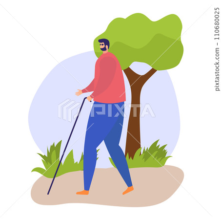 Blind man with cane walking in park. Visually impaired male navigating outdoors. Independence for disabled people vector illustration. 110680025