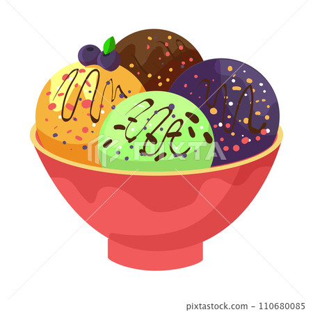 Bowl of assorted ice cream scoops with various flavors topped with sprinkles and chocolate drizzle. Delicious dessert and summer treat vector illustration. 110680085