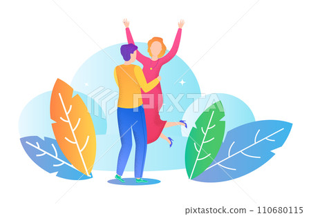Man embracing woman who is jumping with joy, both surrounded by stylized foliage. Celebratory mood, happy couple, colorful. Joyful moments and love celebration vector illustration. Man embracing woman who is jumping with joy, both surrounded by stylized foliage. Celebratory mood, happy couple, colorful. Joyful moments and love celebration vector illustration. 110680115