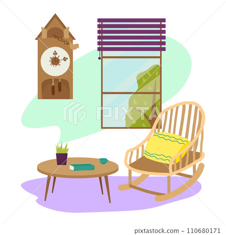 Cozy interior with rocking chair, coffee table, window view, and clock. Home relaxation, peaceful living room setting. Comfortable furniture and home decor vector illustration. Cozy interior with rocking chair, coffee table, window view, and clock. Home relaxation, peaceful living room setting. Comfortable furniture and home decor vector illustration. 110680171