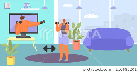 Woman exercising at home with dumbbells, following online fitness program. Indoor workout routine and healthy lifestyle concept vector illustration. 110680201