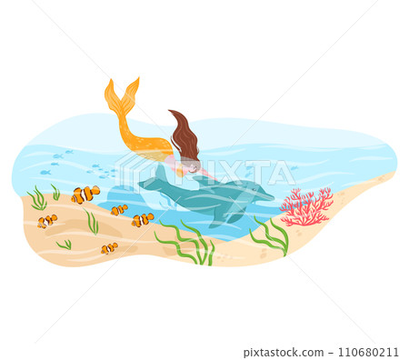 Mermaid swimming with a dolphin underwater near coral and clownfish. Mythical sea creature interaction with marine life. Fantasy ocean adventure vector illustration. Mermaid swimming with a dolphin underwater near coral and clownfish. Mythical sea creature interaction with marine life. Fantasy ocean adventure vector illustration. 110680211
