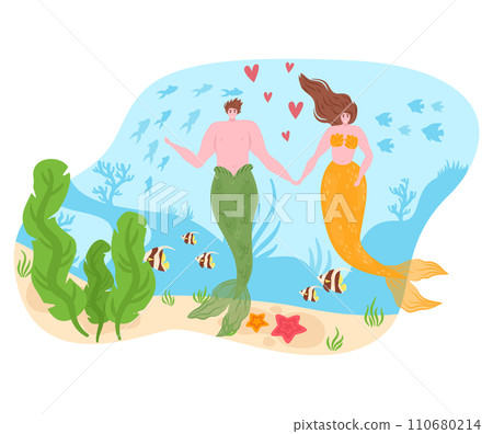 Male and female mermaids holding hands underwater, surrounded by fish and seaweed. Mermaid couple in love with heart symbols. Fairytale romance, fantasy sea life vector illustration. 110680214