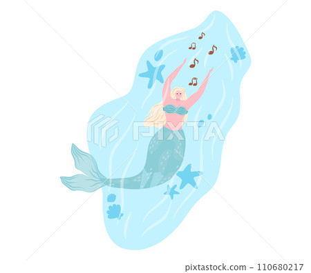 Blonde mermaid singing under water with fish and starfish. Fantasy sea creature in ocean performing music vector illustration. Blonde mermaid singing under water with fish and starfish. Fantasy sea creature in ocean performing music vector illustration. 110680217