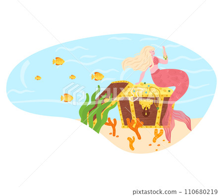 Mermaid with blonde hair sitting on treasure chest underwater. Ocean scene with fish and seaweed. Mythical creature finding treasure vector illustration. 110680219