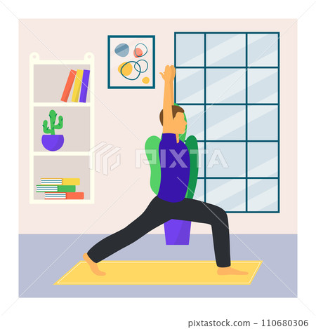 Woman practicing yoga in a peaceful home environment. Female in warrior pose indoor with plants and books, focused and calm. Health and wellness routine vector illustration. 110680306