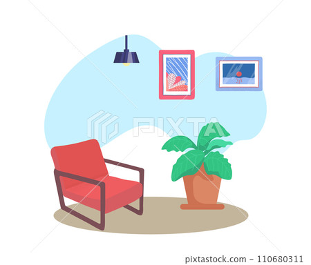Red armchair in a cozy room with hanging lamp, wall art, and a green houseplant. Relaxing home interior and furniture design vector illustration. Red armchair in a cozy room with hanging lamp, wall art, and a green houseplant. Relaxing home interior and furniture design vector illustration. 110680311