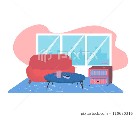 Cozy living room interior with red sofa, coffee table, and city view. Modern apartment design with decor items and large window. Comfortable home space, stylish furniture vector illustration. Cozy living room interior with red sofa, coffee table, and city view. Modern apartment design with decor items and large window. Comfortable home space, stylish furniture vector illustration. 110680316