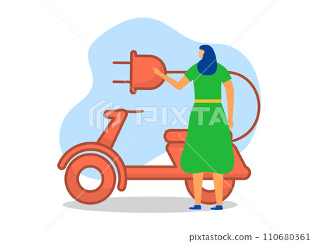 Woman holding a large electrical plug near an orange scooter. Cartoon style with flat design and clean background. Eco transportation vector illustration. 110680361