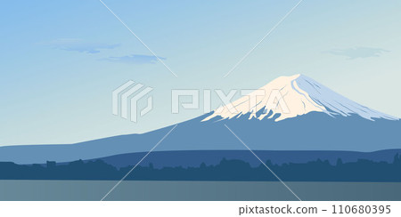 Panoramic day view of mount Fuji. Landscape with a mountain peak in Japan. The hour of the sun's Zenith. Famous landmark Wallpapers. Banner design with a natural landscape. The sky sun, water. 110680395